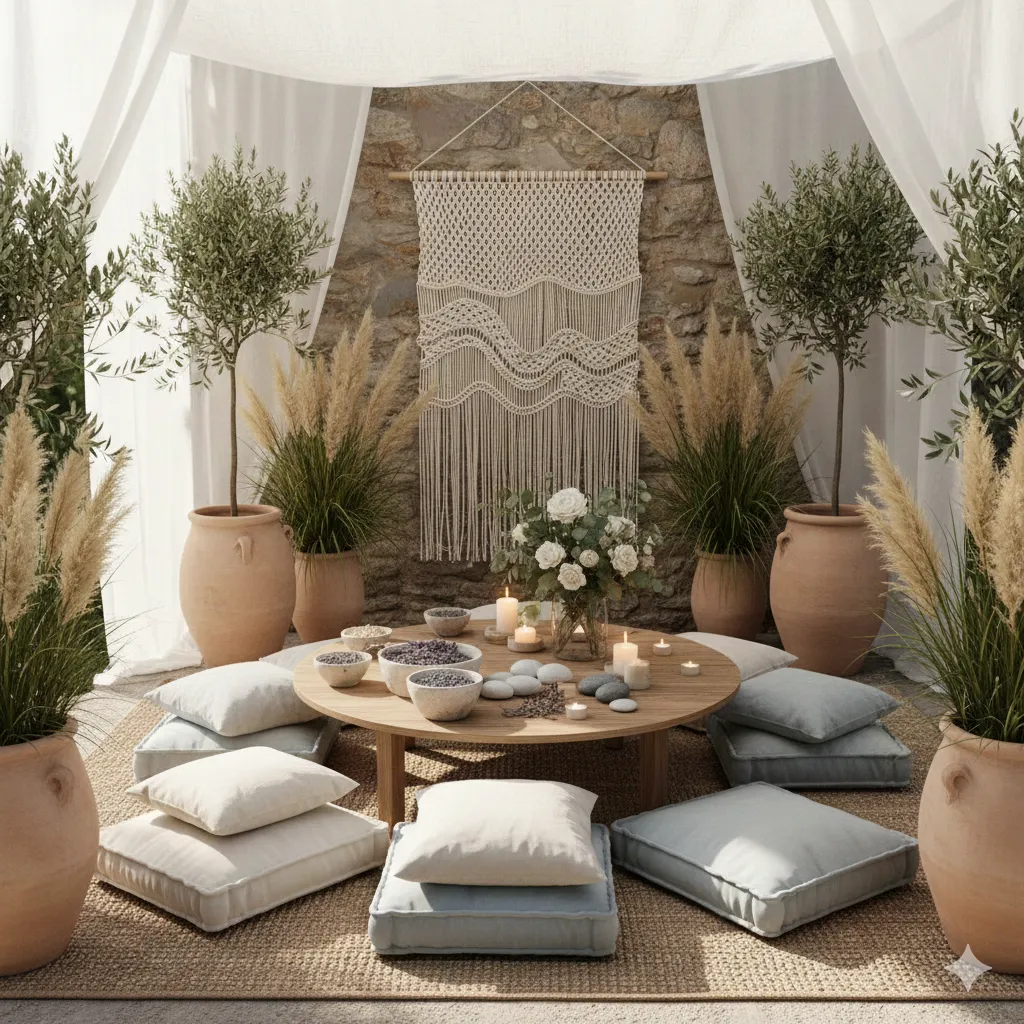 Peaceful gathering setup with minimalist decor and calming elements